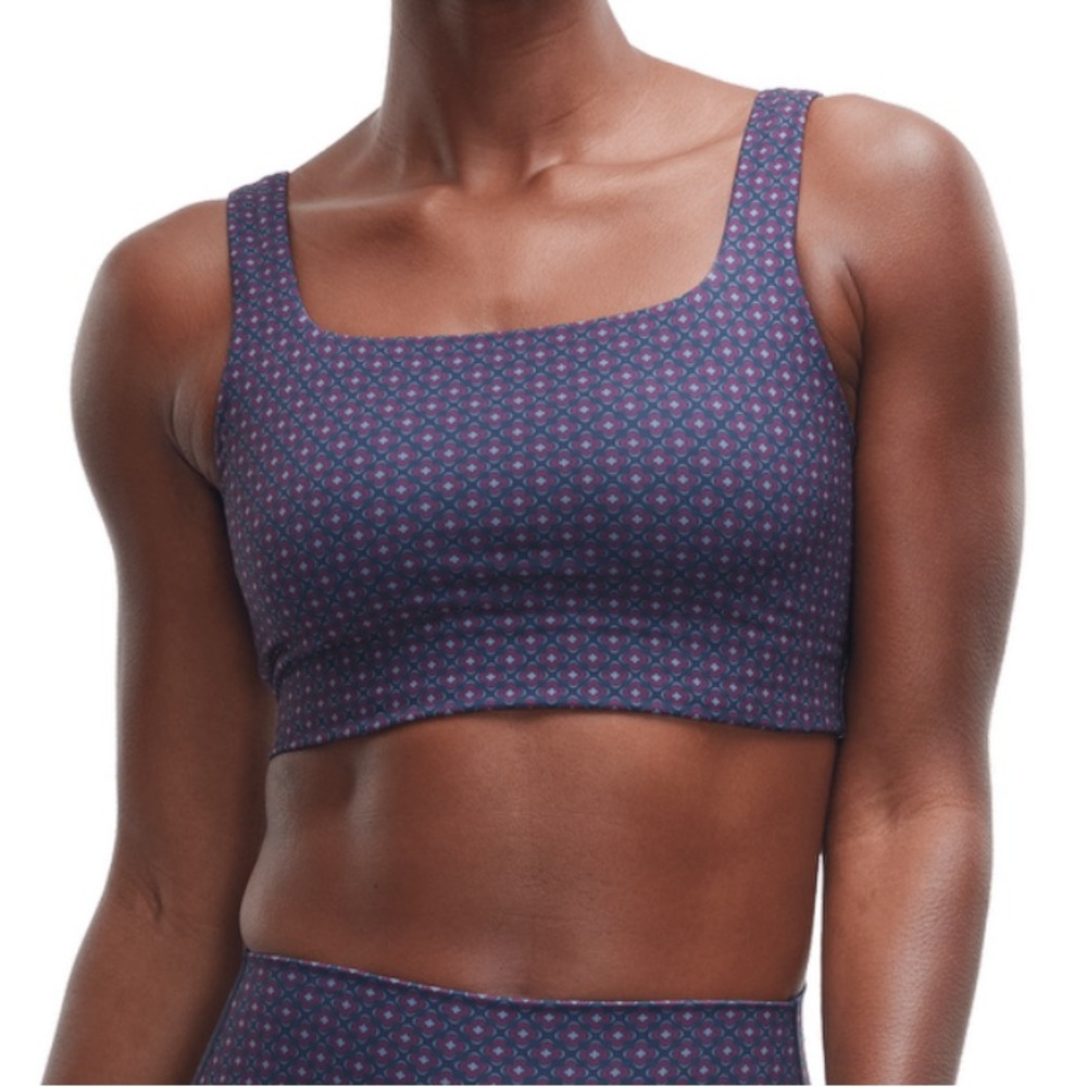 NWT PELOTON Cadent Square Neck Longline Bra Deep Navy Print
